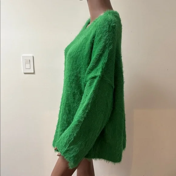 Free People Harrison Bunny crew fuzzy teddy sweater oversized green XL - Picture 5 of 9